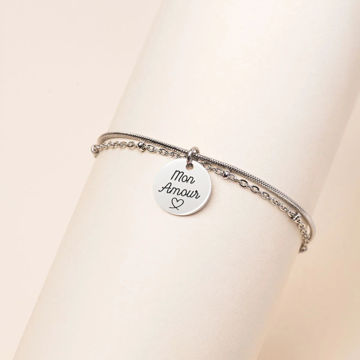 Bracelet double rang médaille à personnaliser - Acier