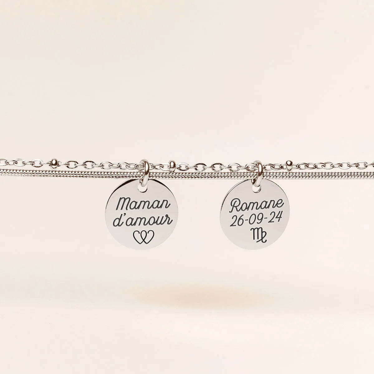 Bracelet double rang médaille à personnaliser - Acier