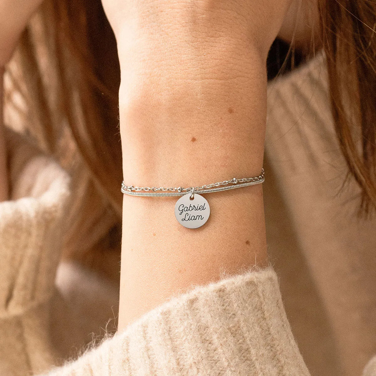 Bracelet double rang médaille à personnaliser - Acier