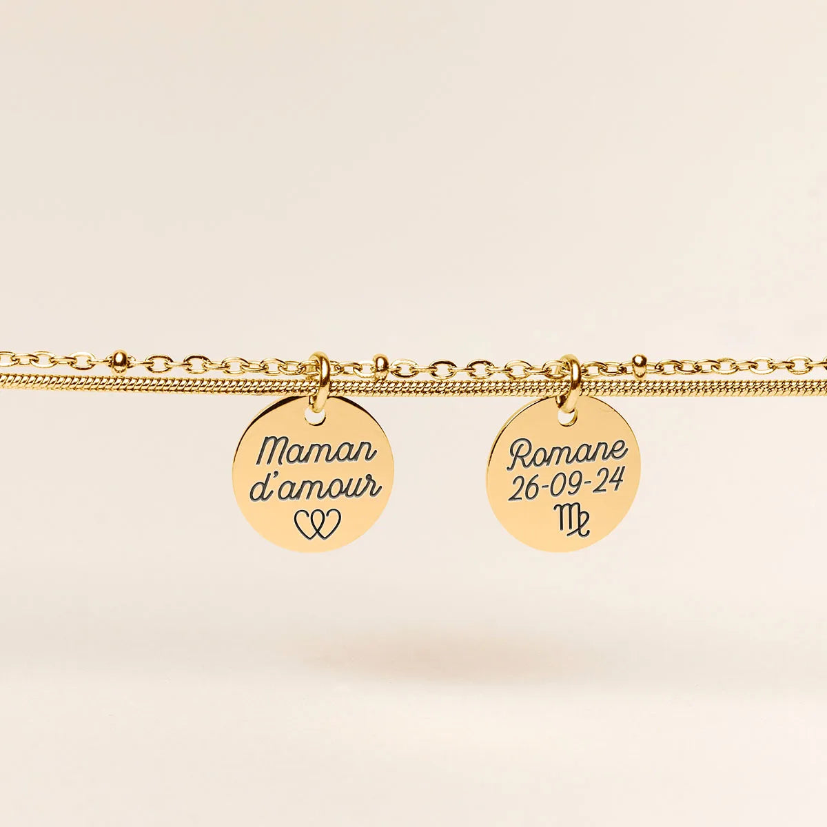 Bracelet double rang médaille à personnaliser - Doré