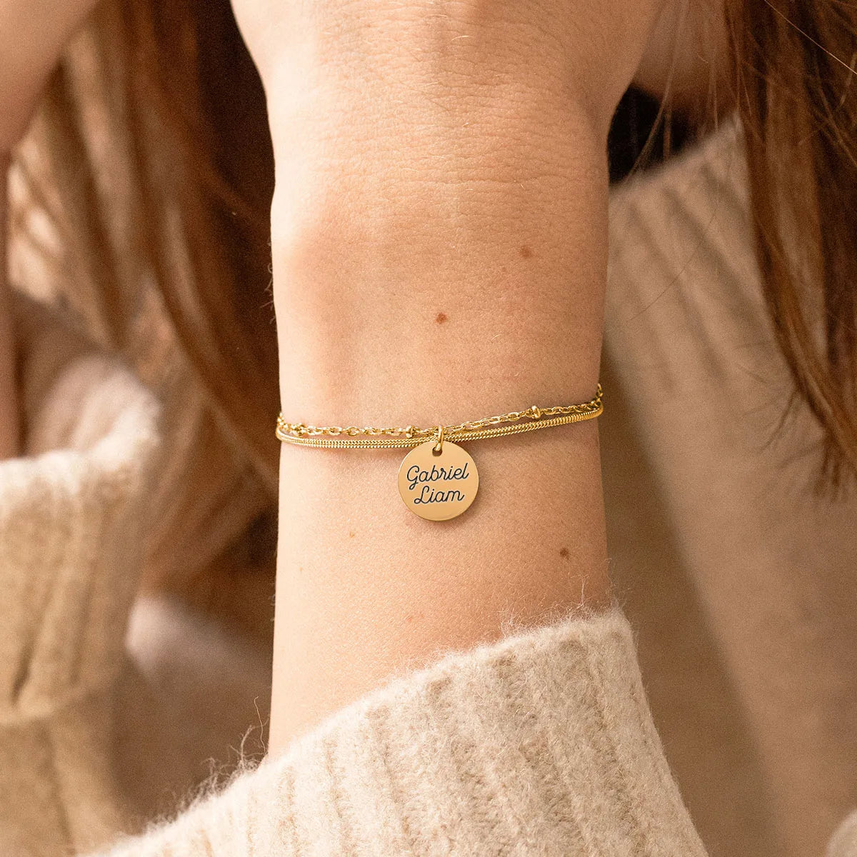 Bracelet double rang médaille à personnaliser - Doré