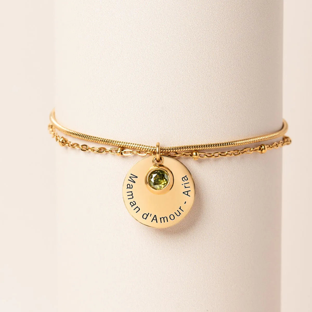 Bracelet double rang médaille et pierre de naissance à personnaliser - Doré