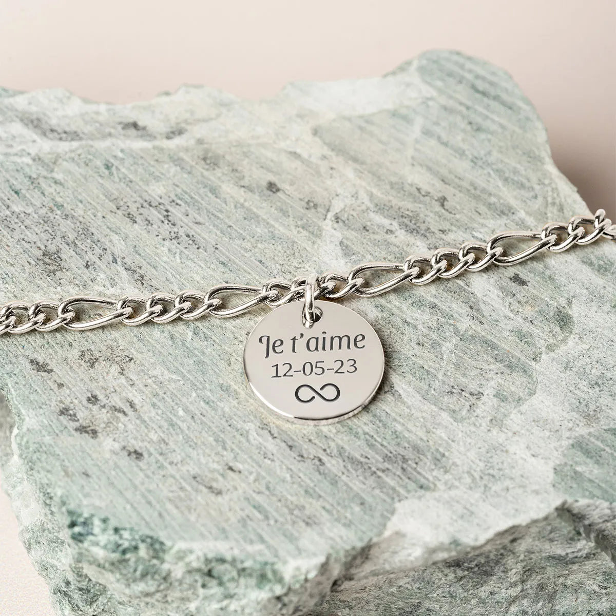 Bracelet chaîne figaro médaille à personnaliser - Acier