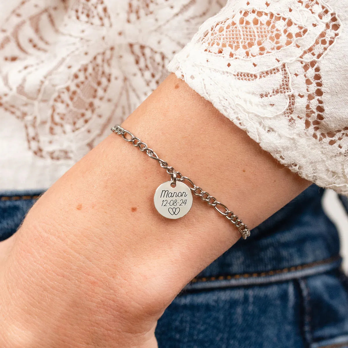 Bracelet chaîne figaro médaille à personnaliser - Acier