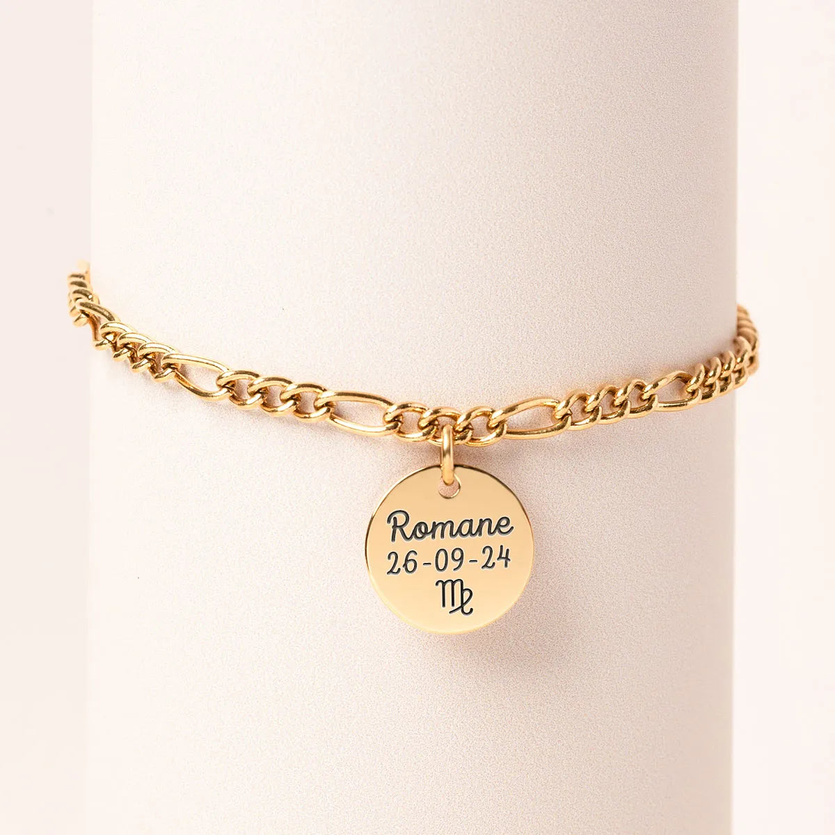 Bracelet chaîne figaro médaille à personnaliser - Doré