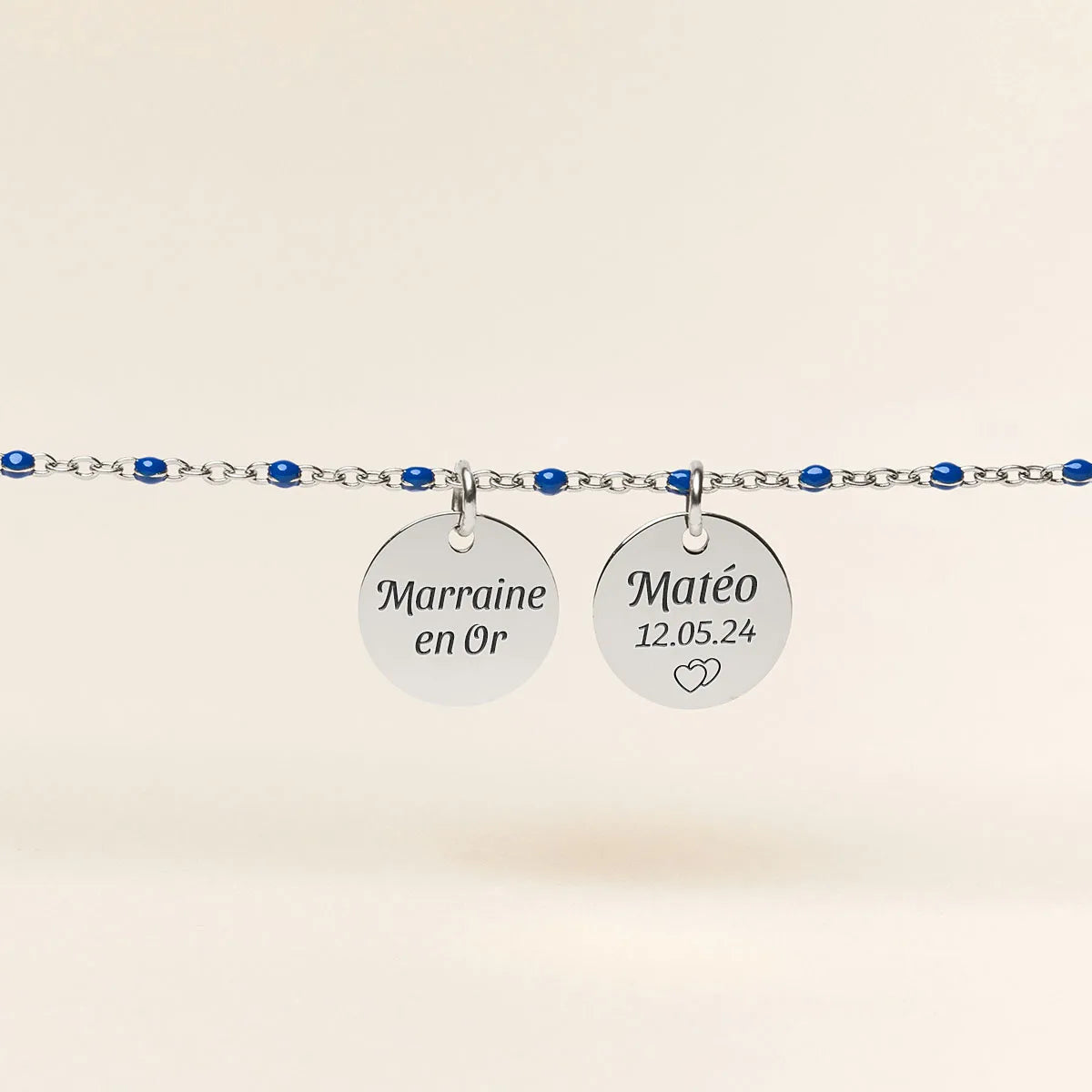 Bracelet chaîne perlée avec médaille à personnaliser - Acier