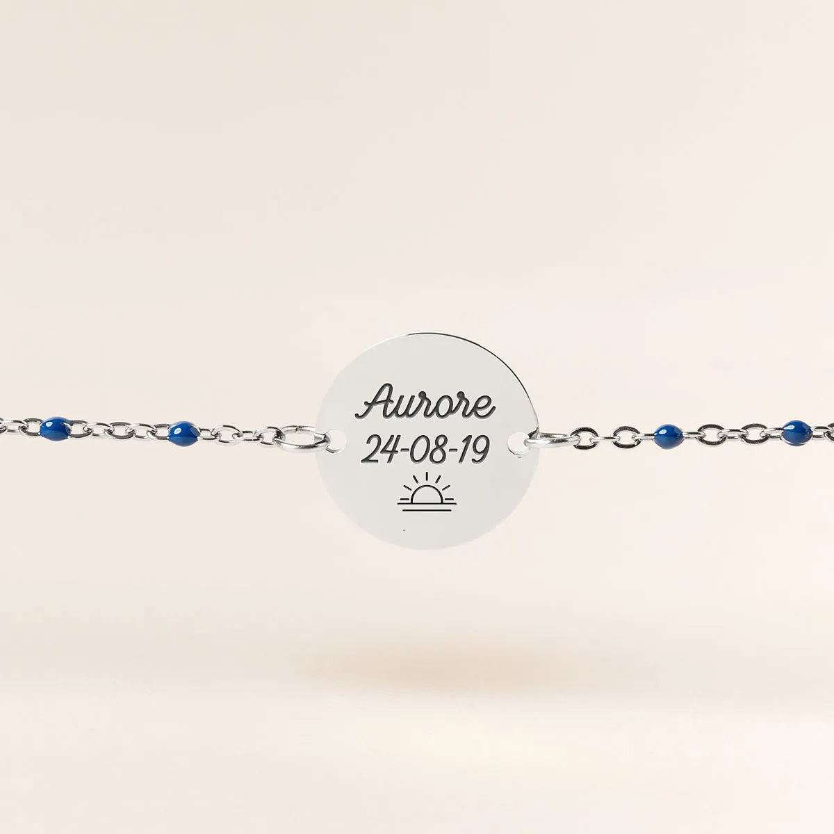 Bracelet perles bleues médaille à personnaliser - Acier