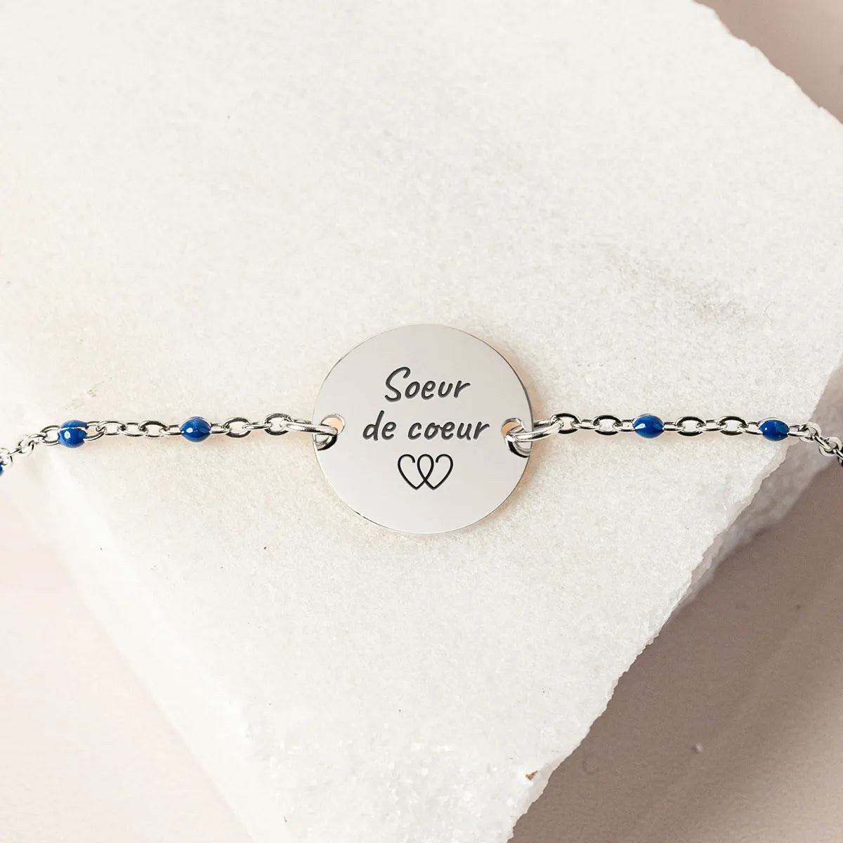 Bracelet perles bleues médaille à personnaliser - Acier