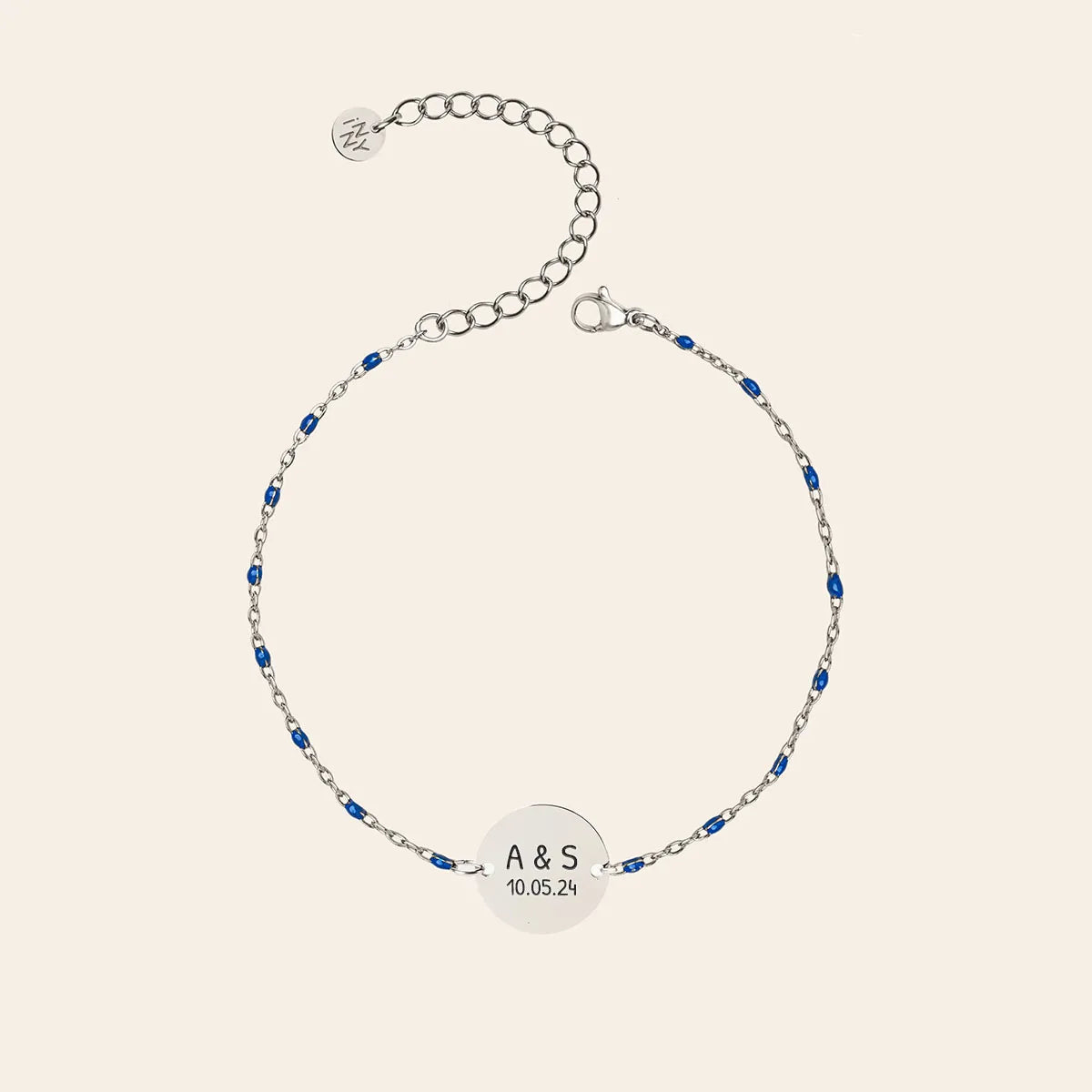 Bracelet perles bleues médaille à personnaliser - Acier
