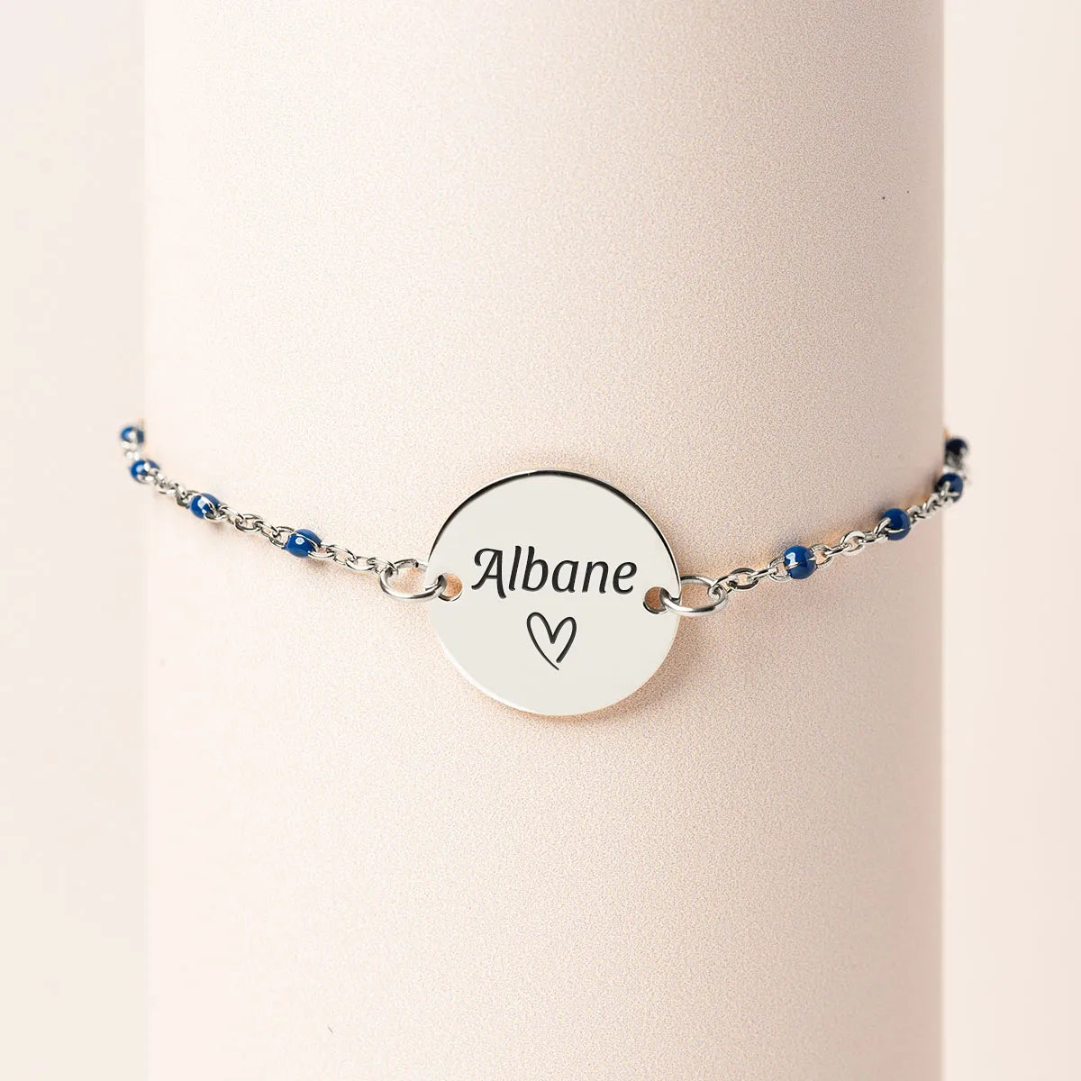 Bracelet perles bleues médaille à personnaliser - Acier