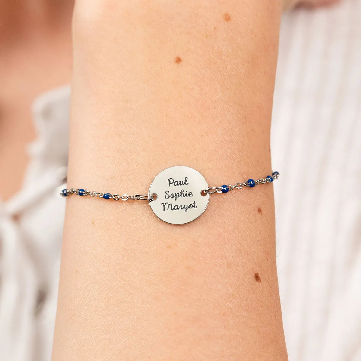 Bracelet perles bleues médaille à personnaliser - Acier