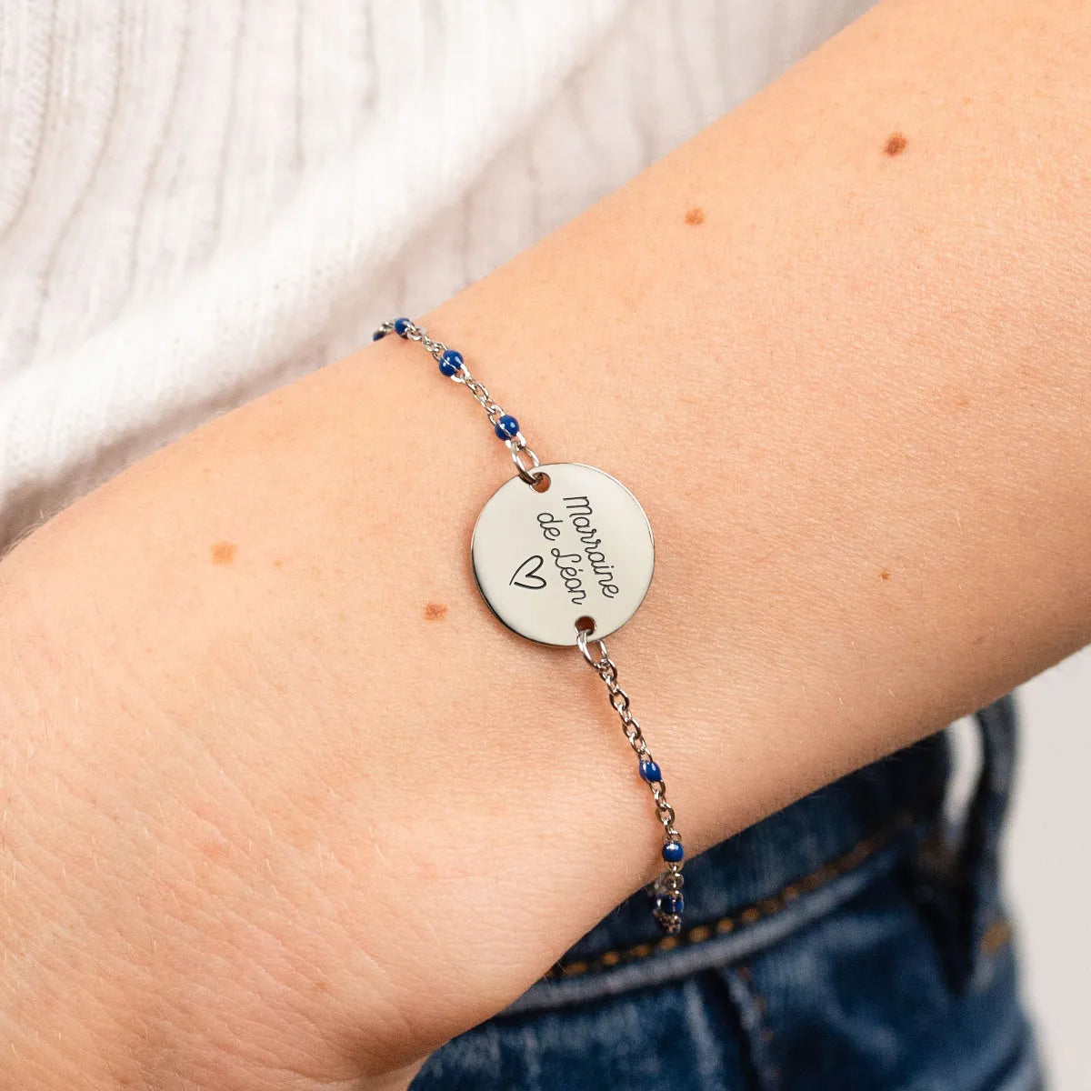 Bracelet perles bleues médaille à personnaliser - Acier