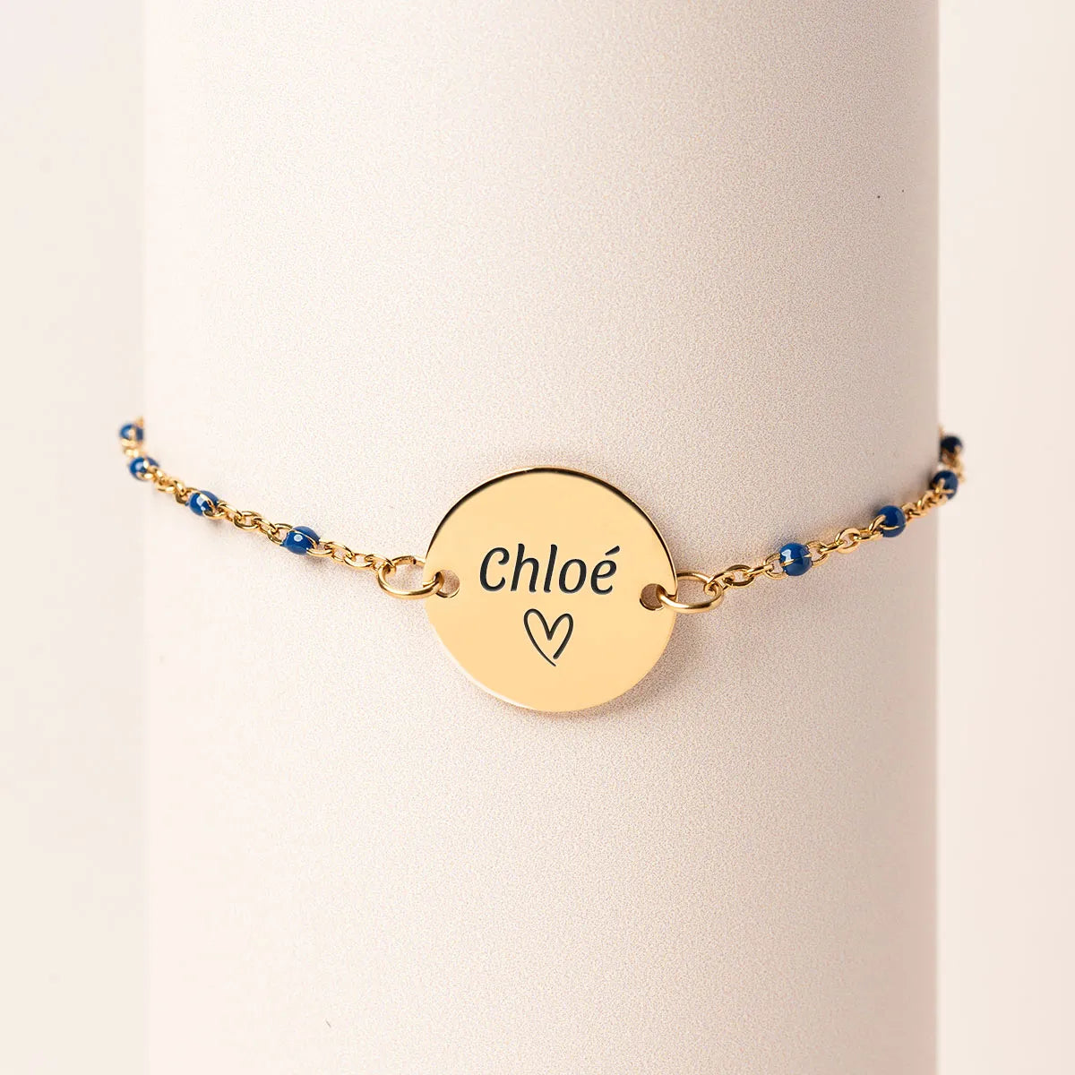 Bracelet perles bleues médaille à personnaliser - Doré