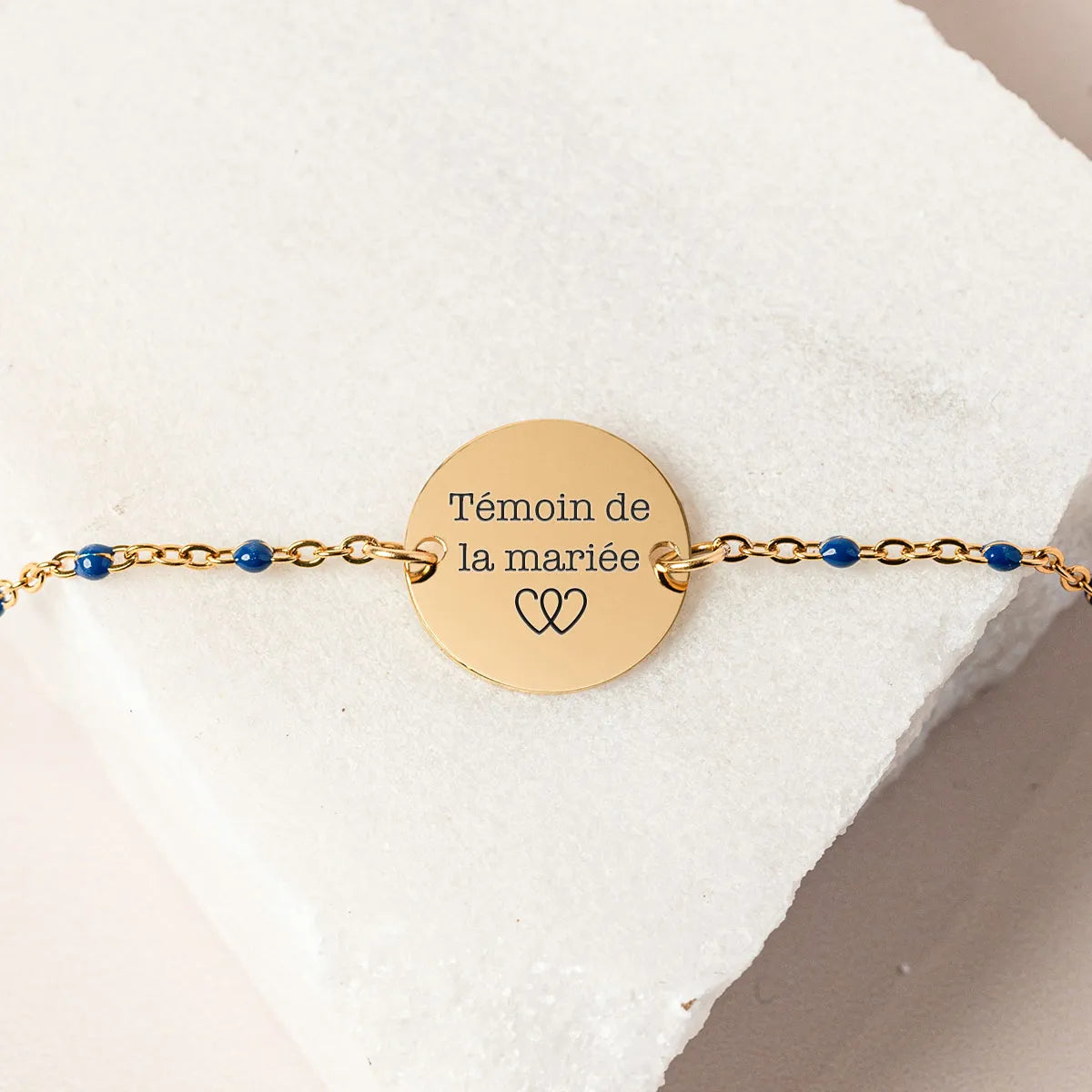 Bracelet perles bleues médaille à personnaliser - Doré