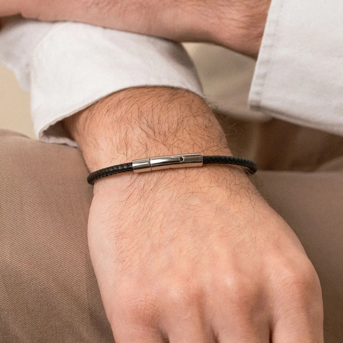 Bracelet en cuir noir - Acier