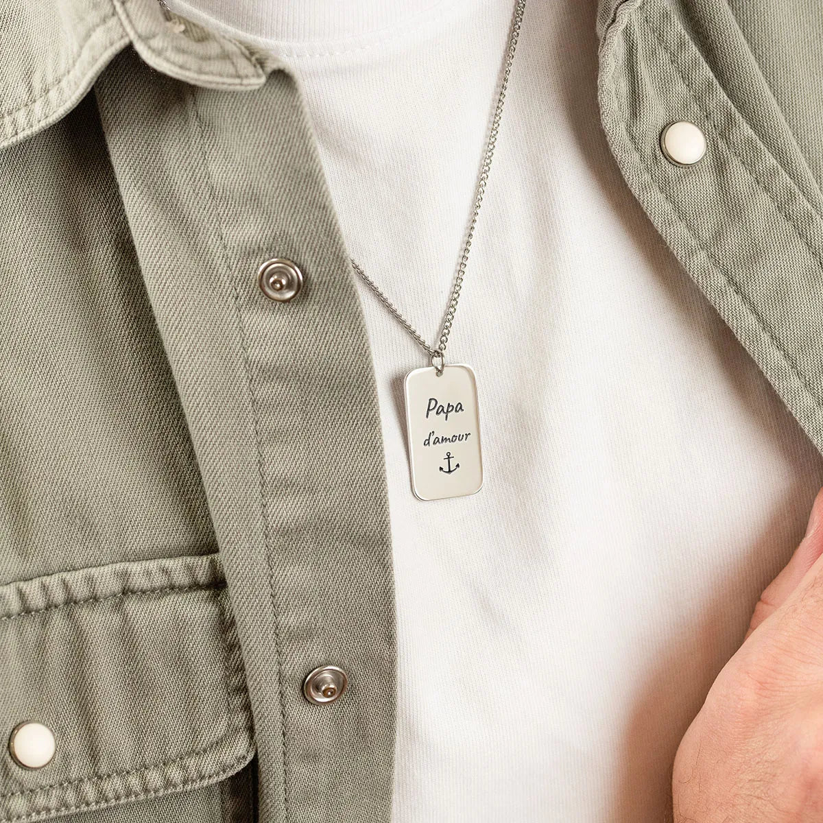 Collier homme plaque militaire rectangulaire à personnaliser - Acier