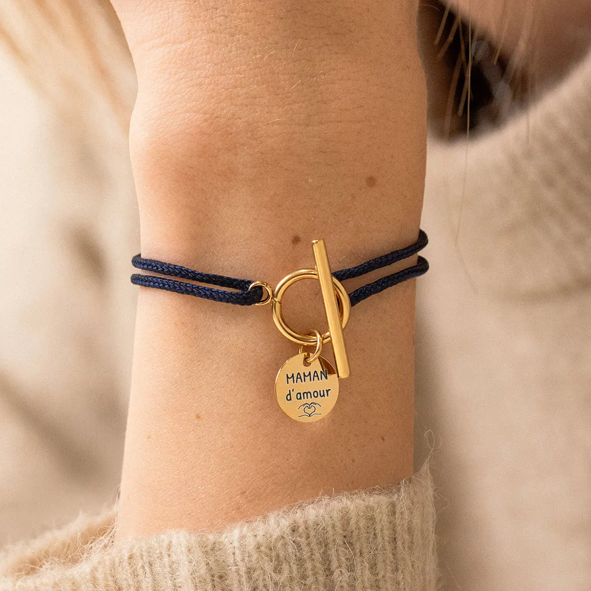 Bracelet femme cordon Fermoir et médaille à personnaliser - Doré