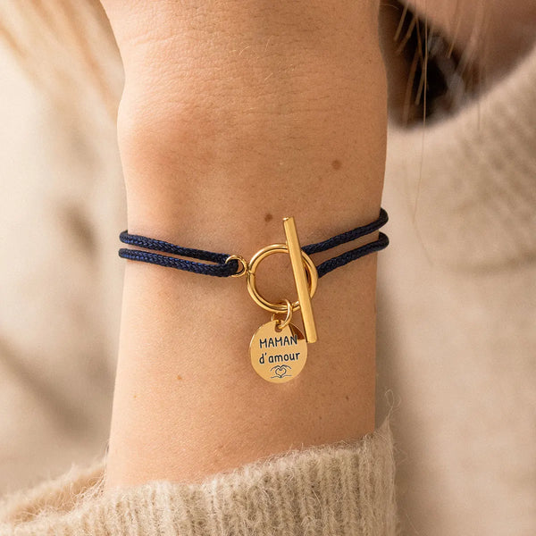 Bracelet femme cordon Fermoir et médaille à personnaliser - Doré