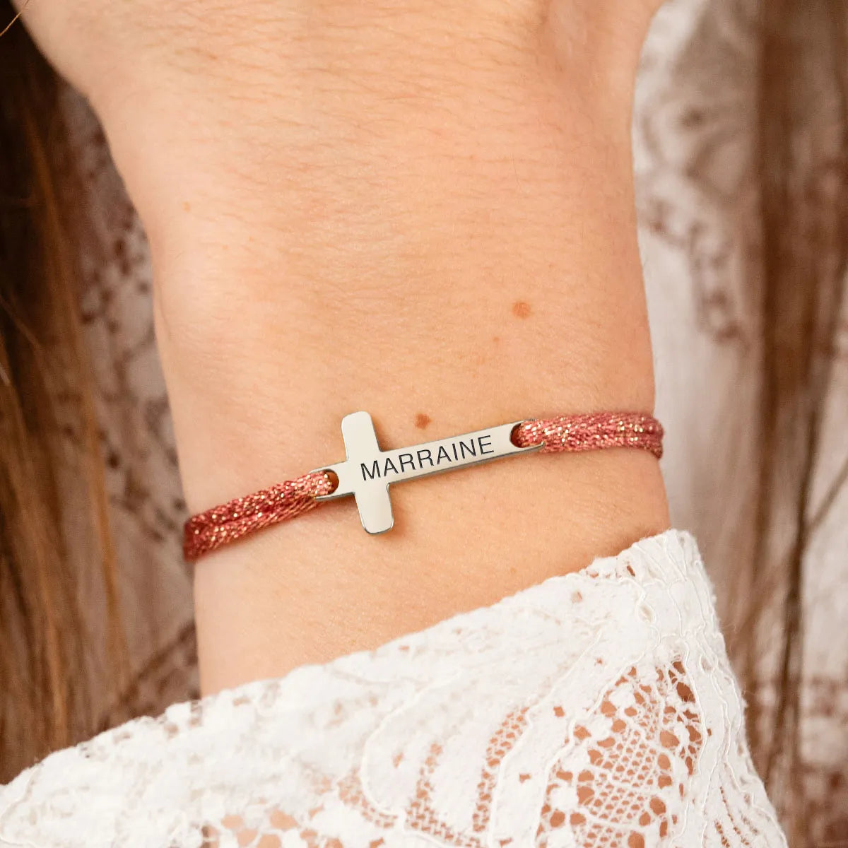 Bracelet croix femme cordon scintillant à personnaliser - Acier