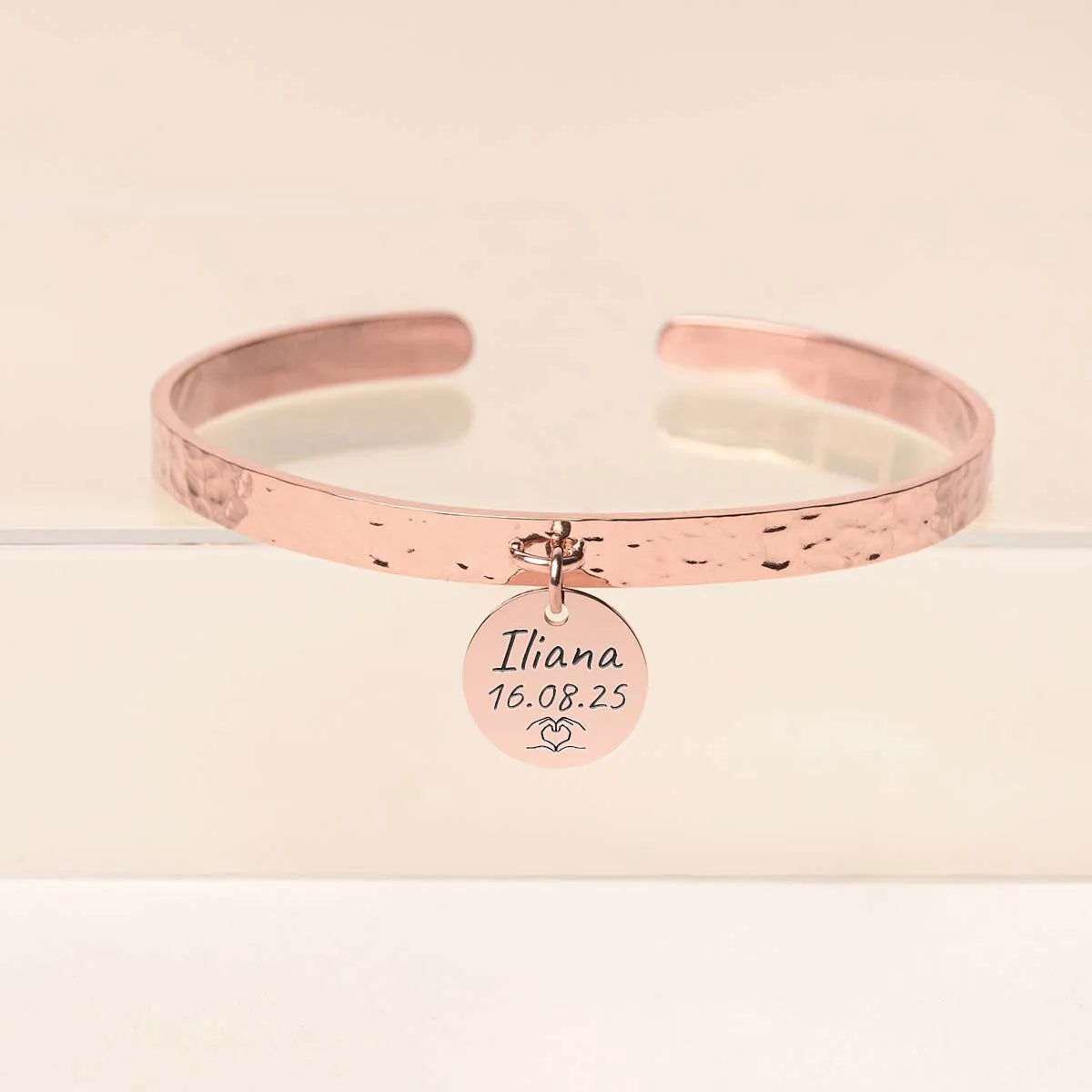 Bracelet jonc martelé médaille à personnaliser - Rose doré