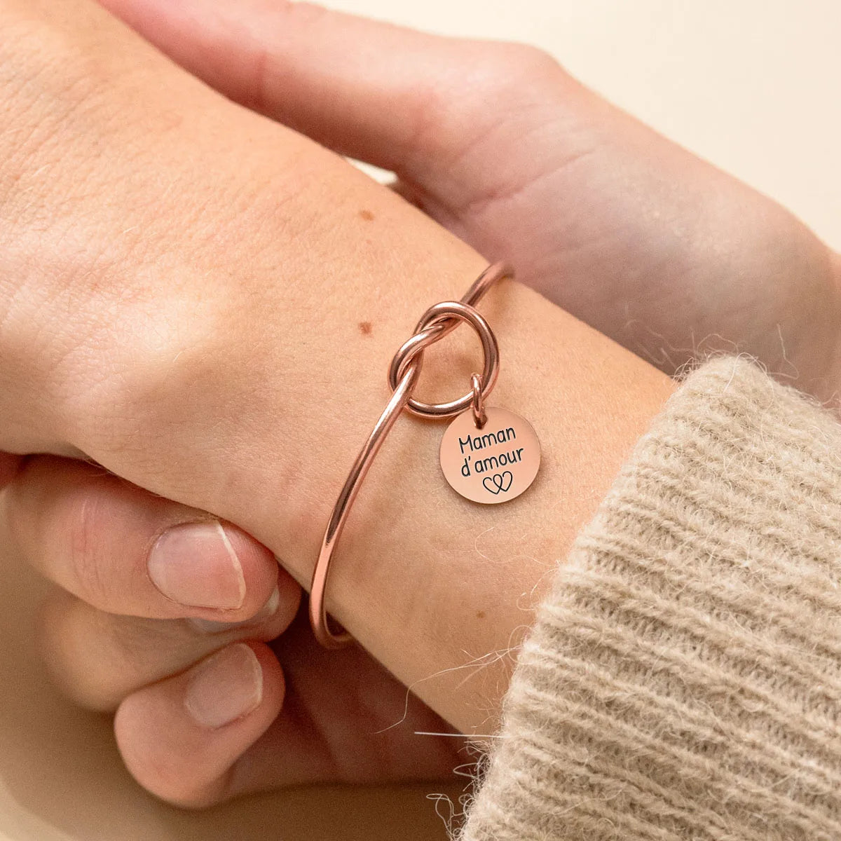 Bracelet jonc noeud médaille à personnaliser - Rose Doré